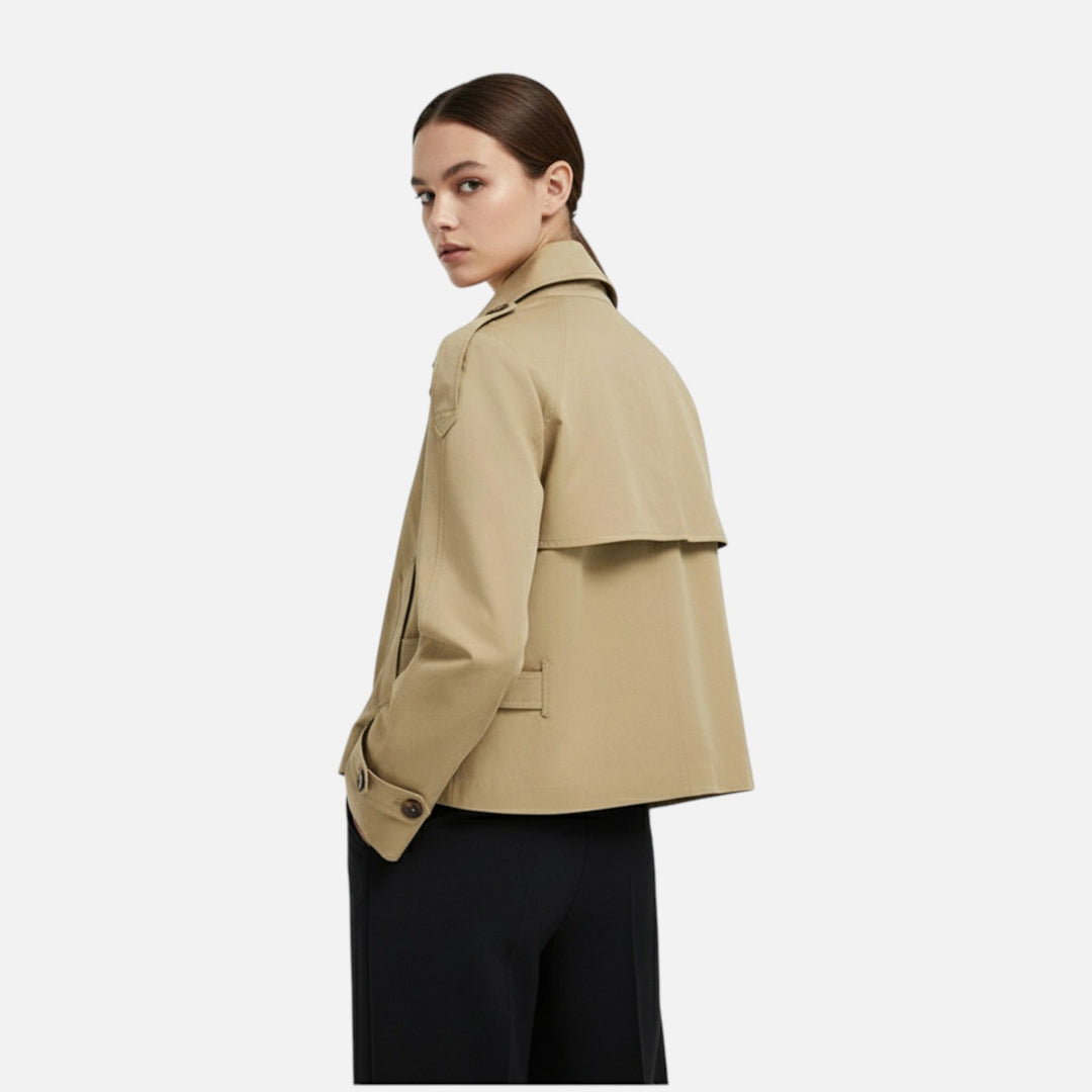 Women's cropped belted trench jacket with high collar and buttons