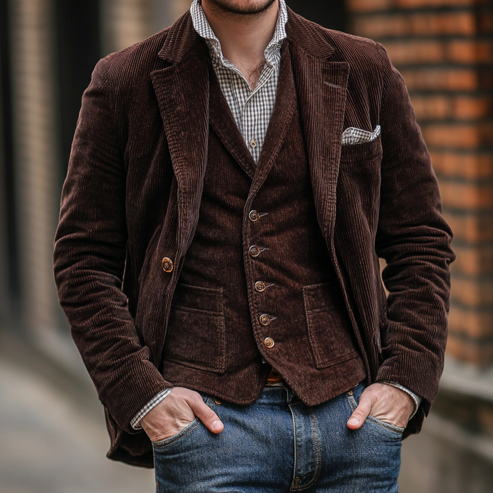 Men's textured blazer with buttoned waistcoat and notched lapels