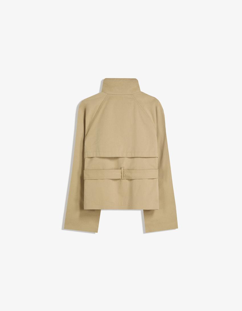 Women's trench jacket with high collar, button front, tie belt and long sleeves