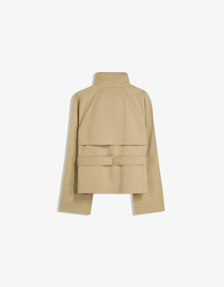 Women's trench jacket with high collar, button front, tie belt and long sleeves