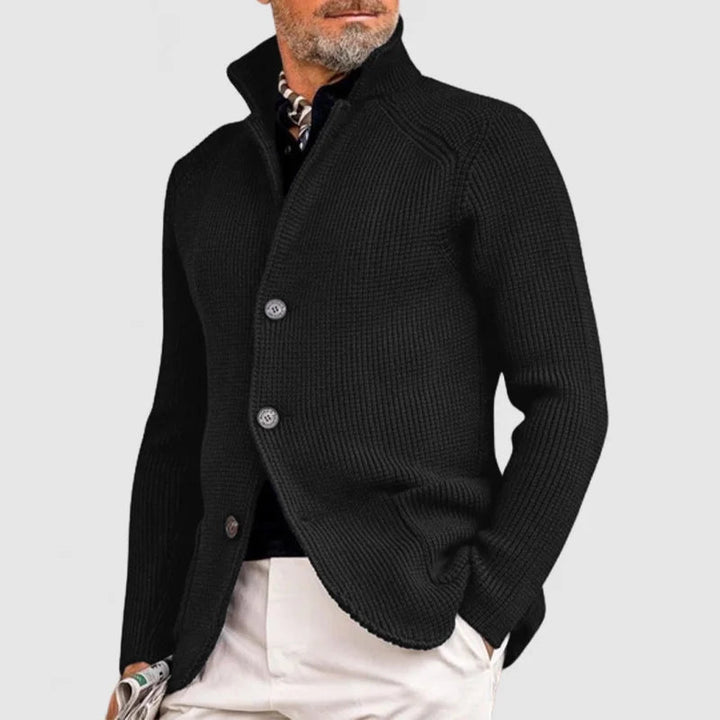Men's textured knit cardigan with stand collar, button front and patch pockets