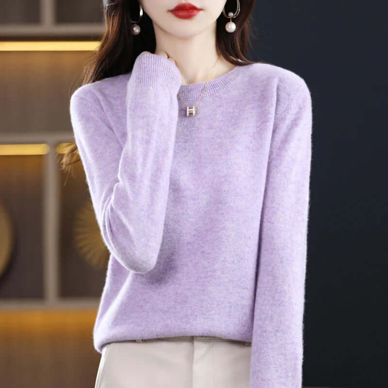 Women's crew neck knitted sweater with long sleeves and ribbed trims