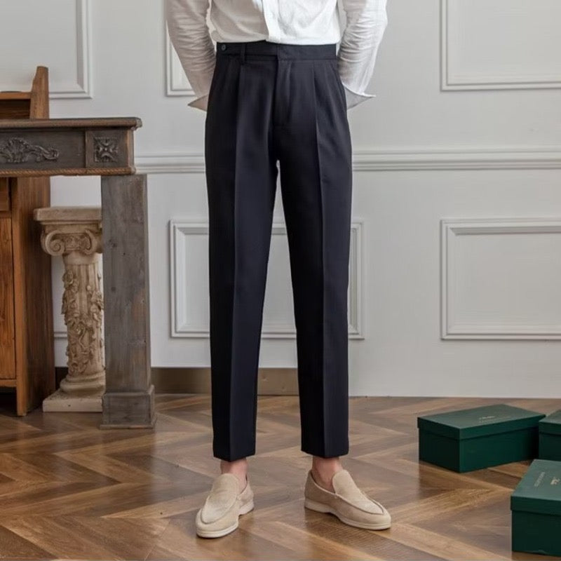 High-waisted pleated straight-leg trousers with belt