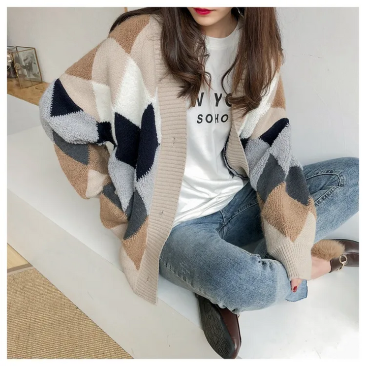 Women's multicolor argyle knit cardigan with buttons and long sleeves