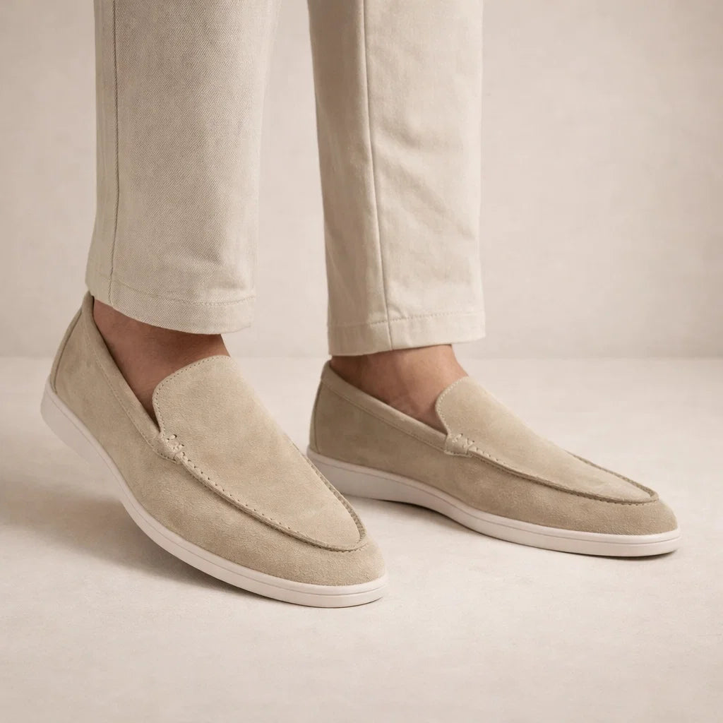 Men's casual slip-on loafers with moc toe stitching and flat white soles
