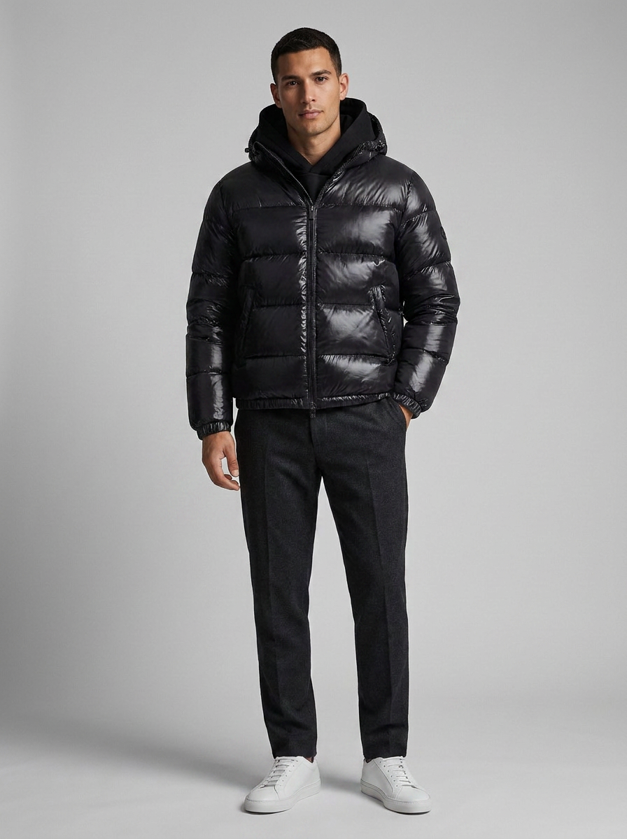 Men's hooded quilted puffer jacket shown in gray and black variants