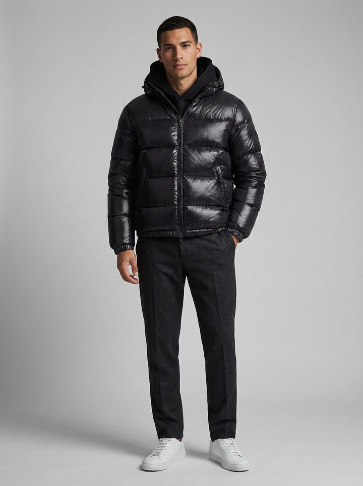 Men's hooded quilted puffer jacket shown in gray and black variants