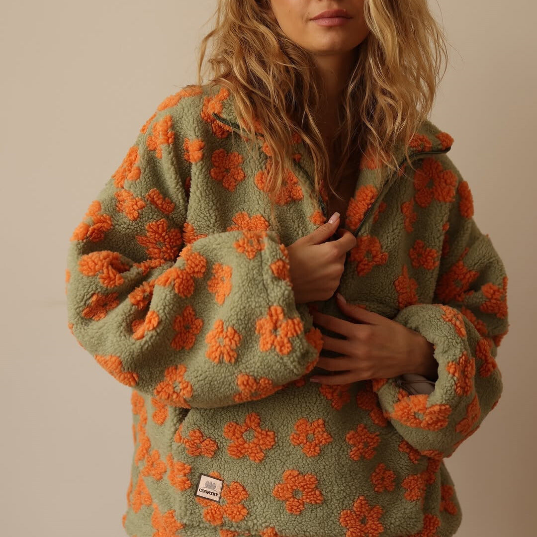 Women's floral fleece half-zip pullover with high collar