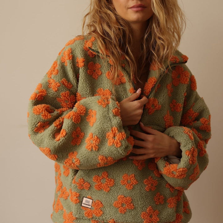 Women's floral fleece half-zip pullover with high collar
