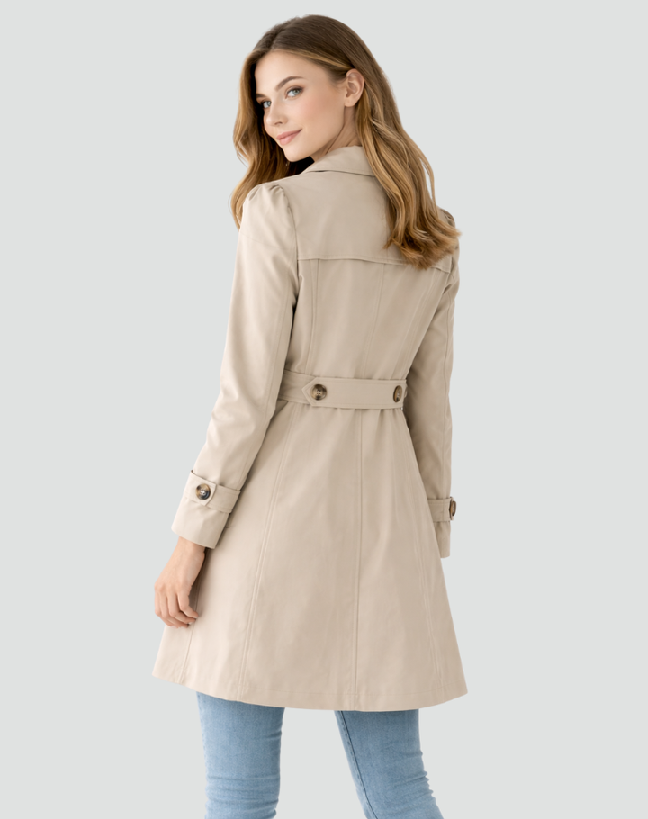 Women's long sleeve trench coat with notched lapel collar and button front