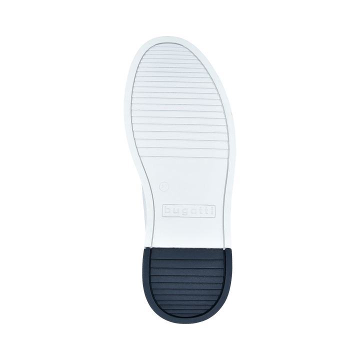 White low-top lace-up sneaker with perforated panels and dark logo