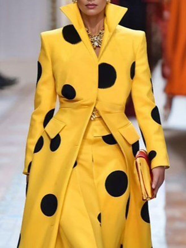 Women's yellow long coat with black polka dots and high lapel collar