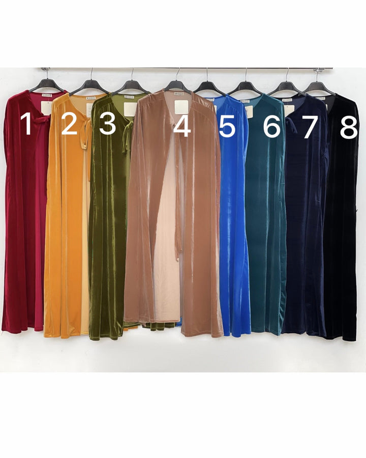 Long velvet cape with tie front and draped full-length shape