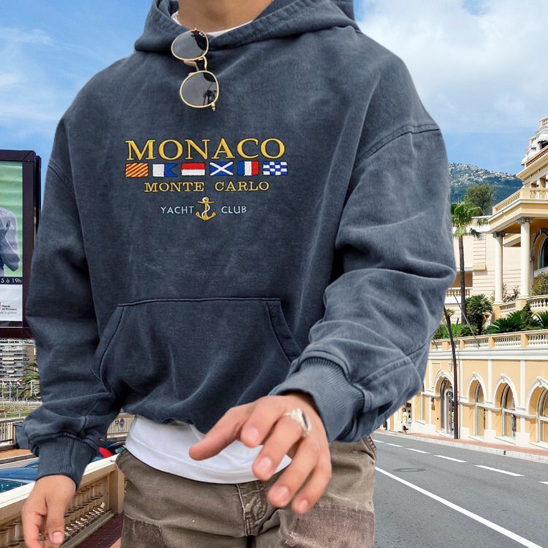 Unisex dark gray Monaco graphic hoodie with hood and front pouch pocket