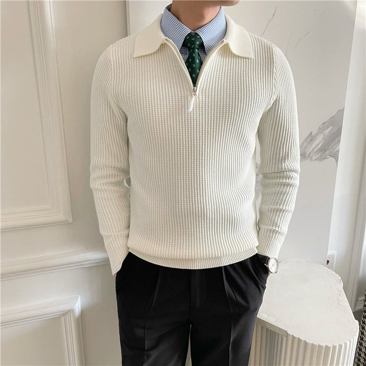 Ribbed collared sweater with short front zip