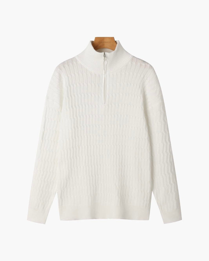 Women's ribbed half zip sweater with high neck and long sleeves