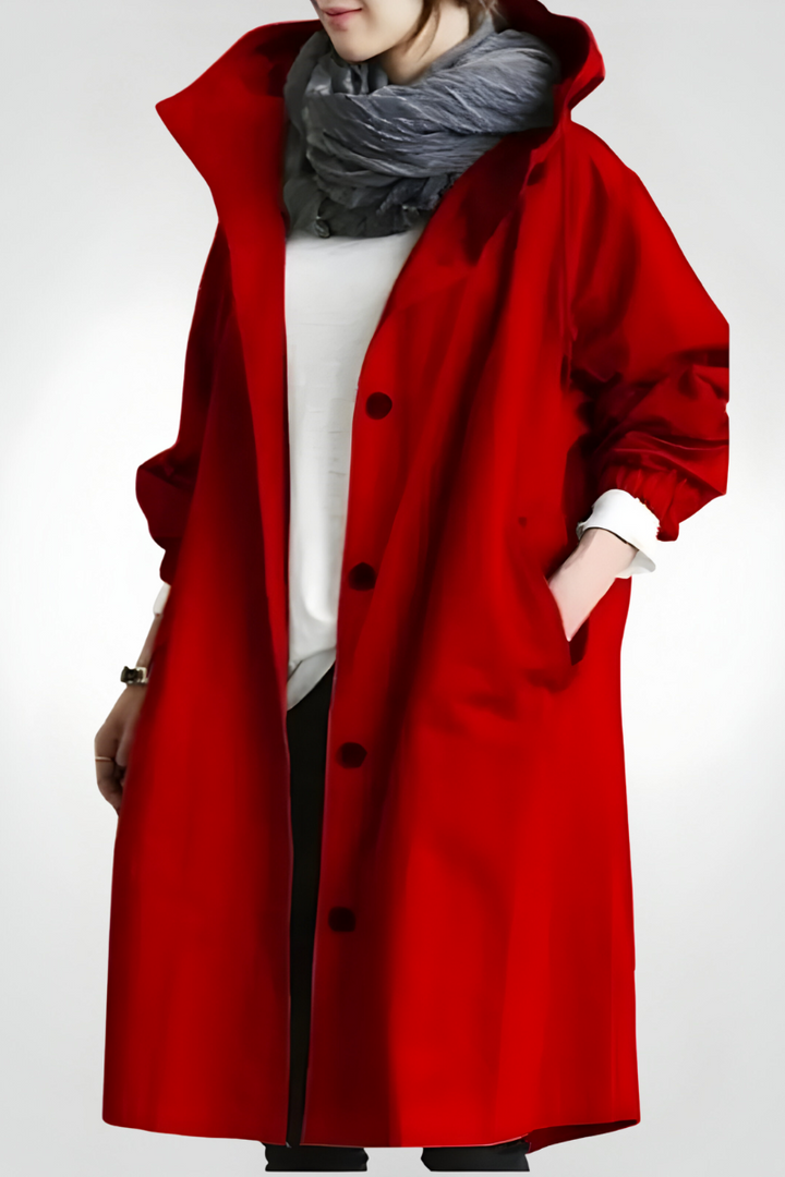 Women's longline hooded jacket with button front and gathered sleeves
