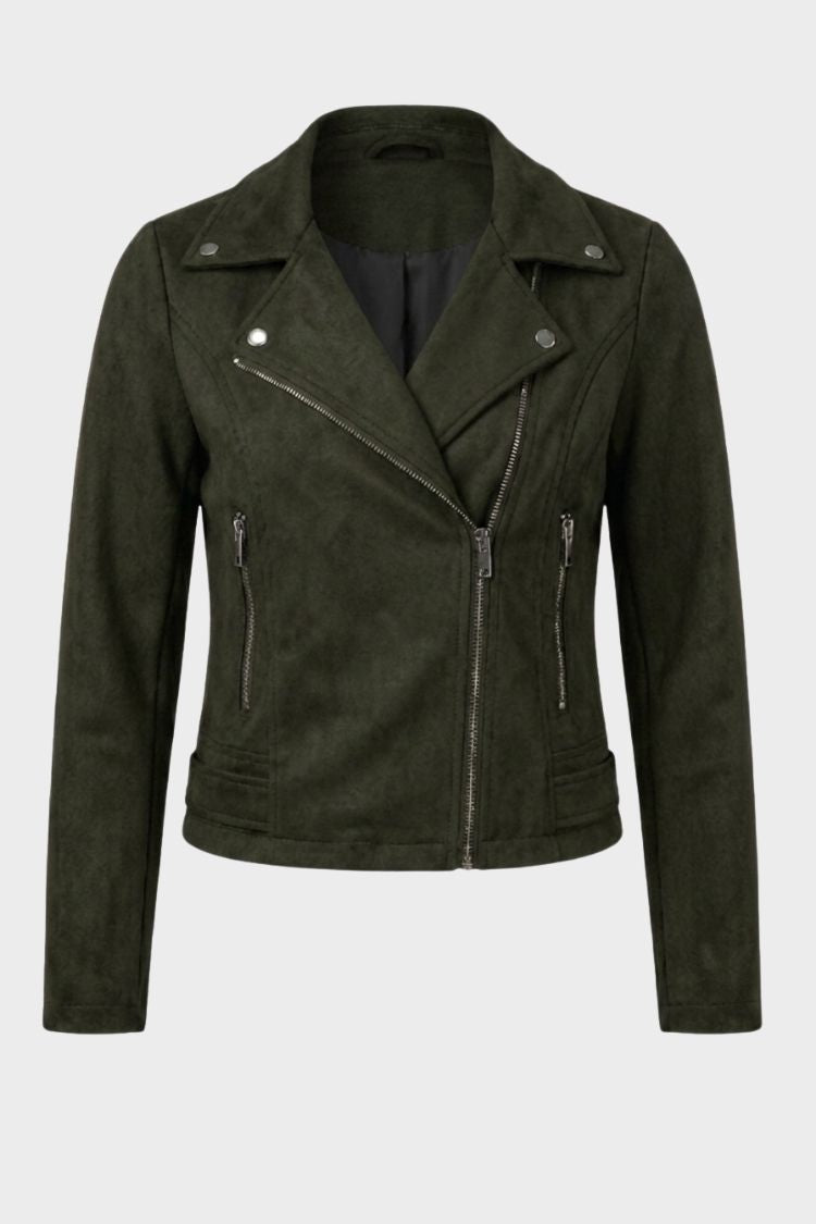 Women's cropped biker jacket with notched lapels and front zippers