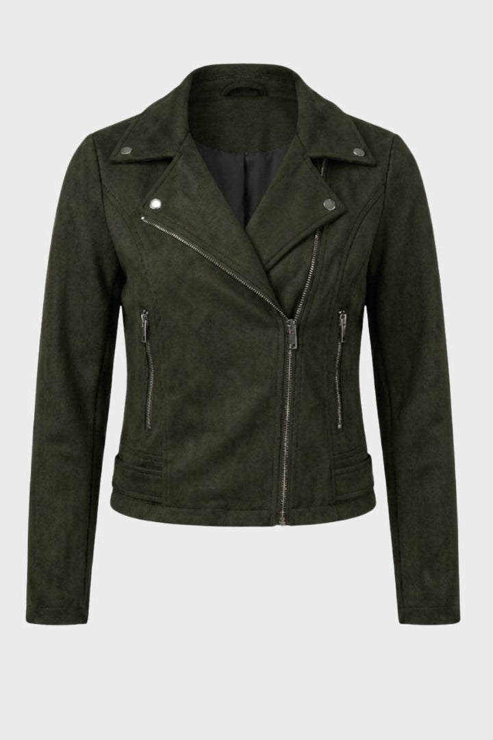 Women's cropped biker jacket with notched lapels and front zippers