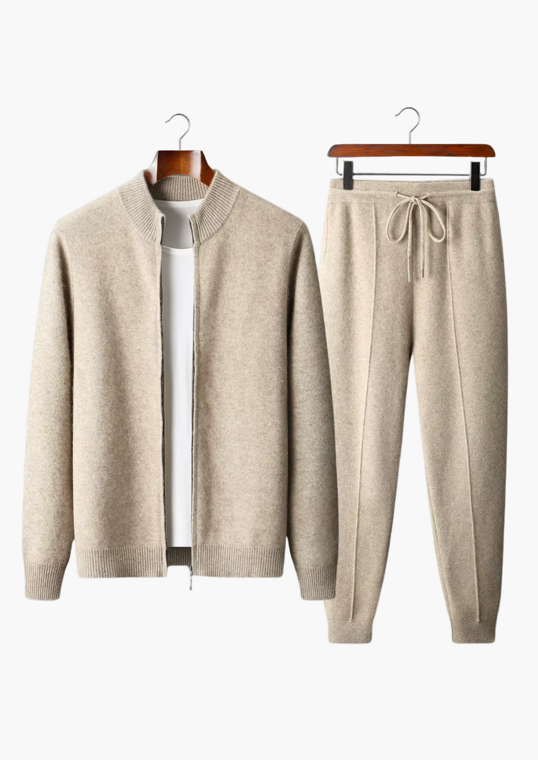 Men's beige knit cardigan and jogger set with zip front and drawstring trousers