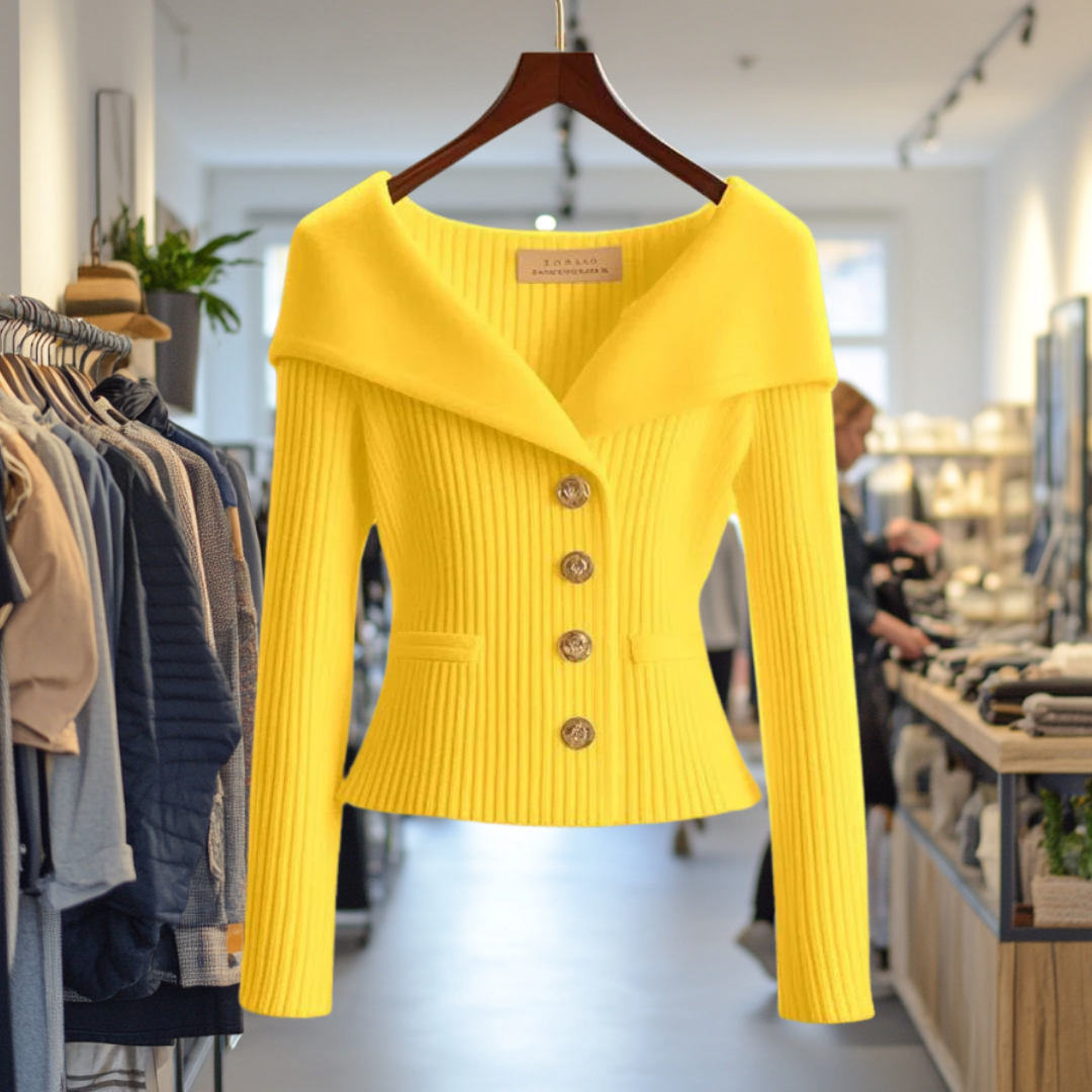 Women's ribbed button front cardigan with shawl collar, long sleeves and front pockets
