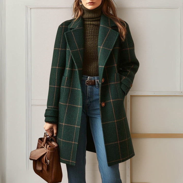 Women's long checked coat with notch lapel and side pockets