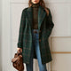 Women's long checked coat with notch lapel and side pockets