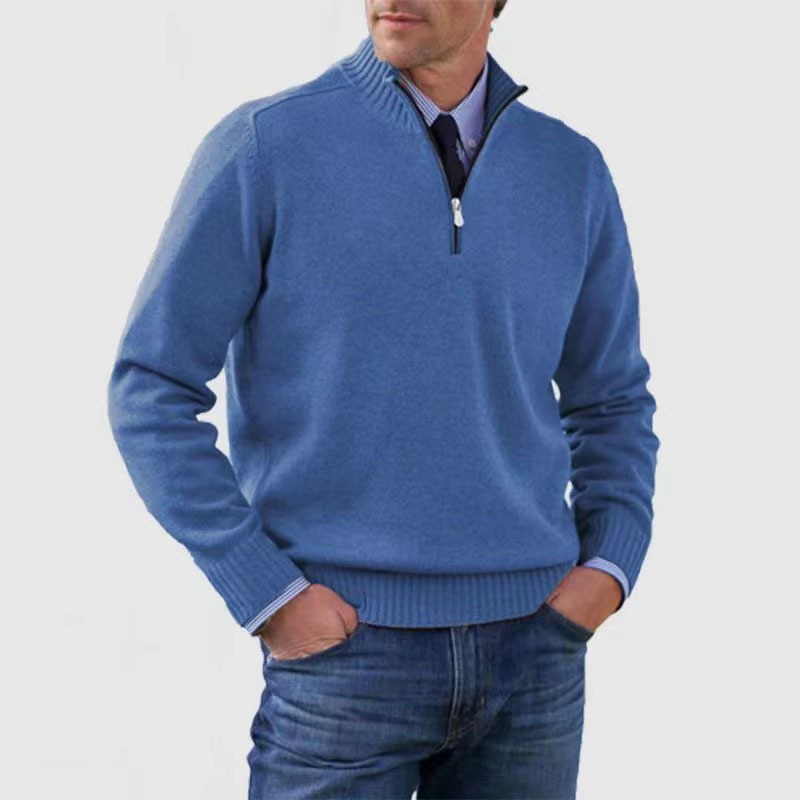 Men's long-sleeve half-zip mock neck sweater with ribbed trims