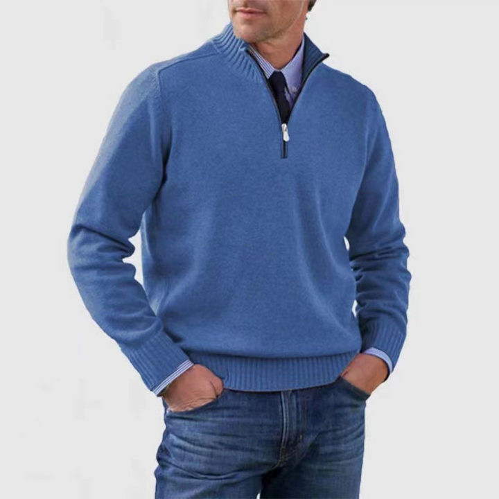Men's long-sleeve half-zip mock neck sweater with ribbed trims