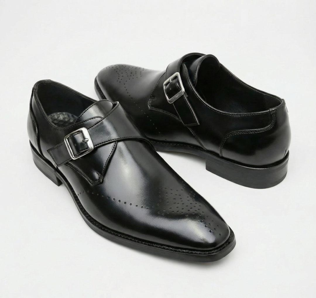 Men's polished buckle loafers with perforated almond toes