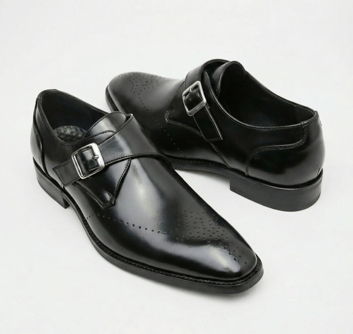 Men's polished buckle loafers with perforated almond toes