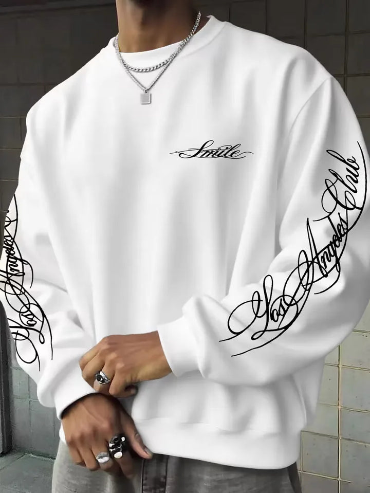 Men's crewneck sweatshirt with white script lettering on the chest and sleeves
