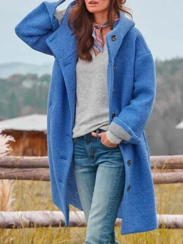 Women's long hooded button-front coat with front pockets