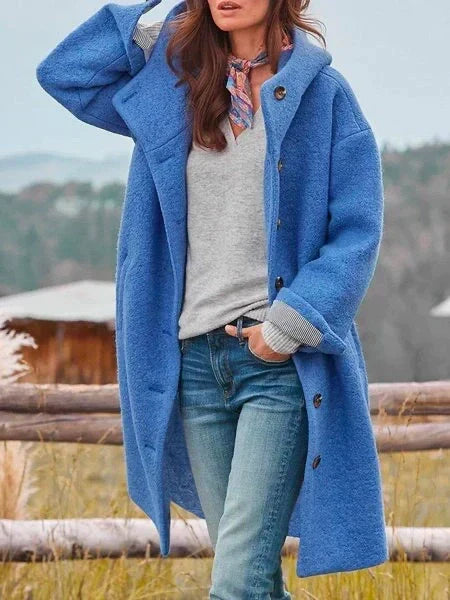 Women's longline hooded coat with button front, long sleeves and turned-back cuffs