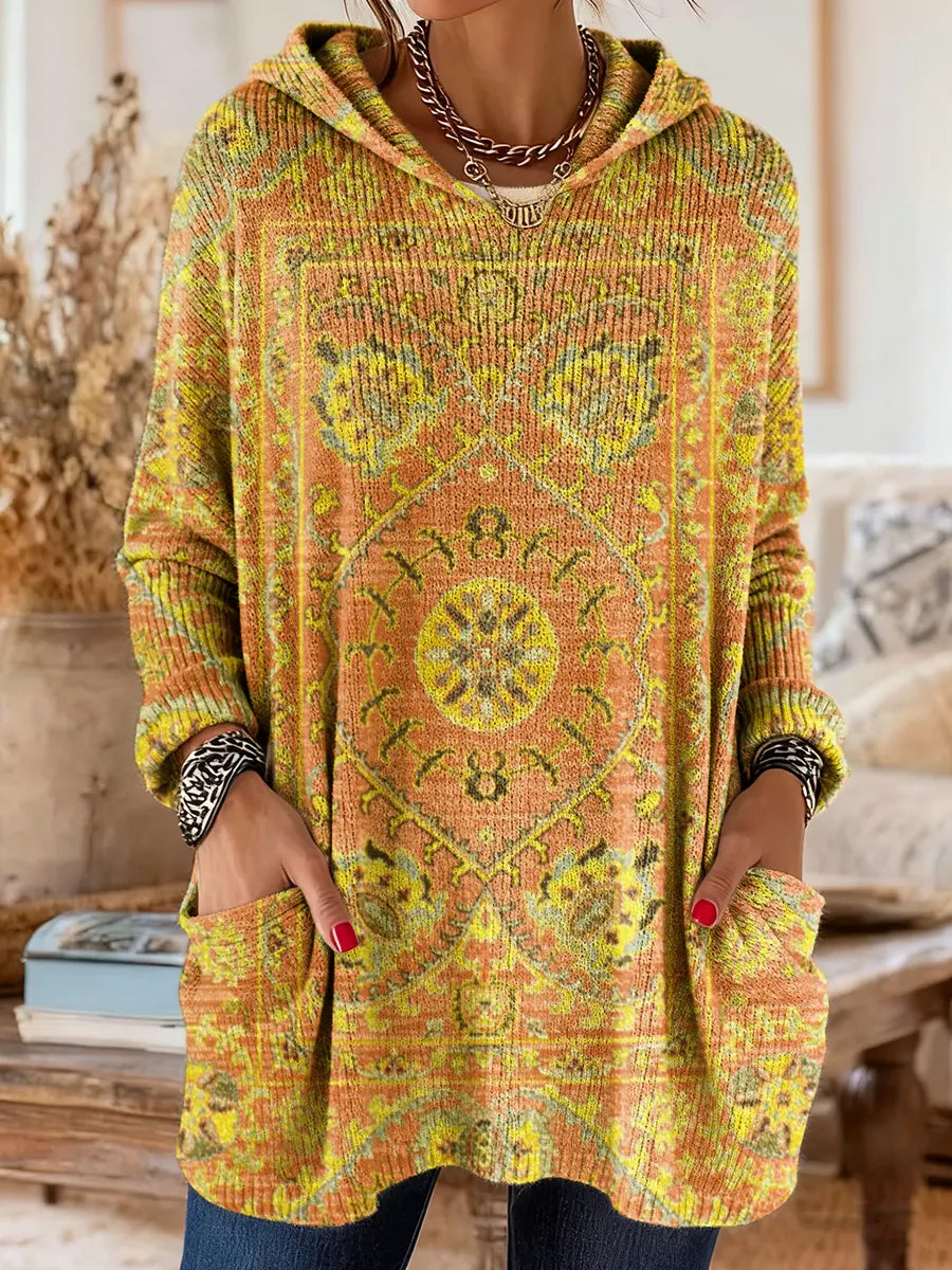 Women's multicolour ethnic print hooded knit tunic