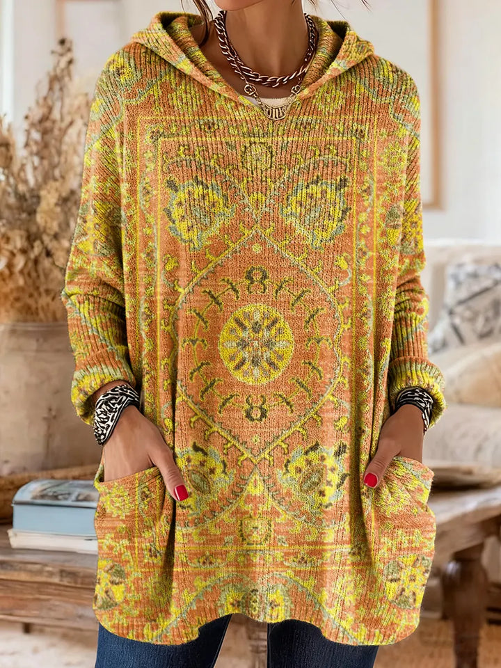 Women's multicolour ethnic print hooded knit tunic