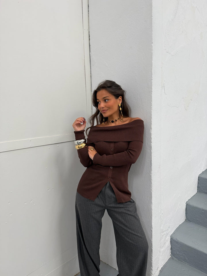 Women's brown ribbed off-shoulder button sweater with long sleeves
