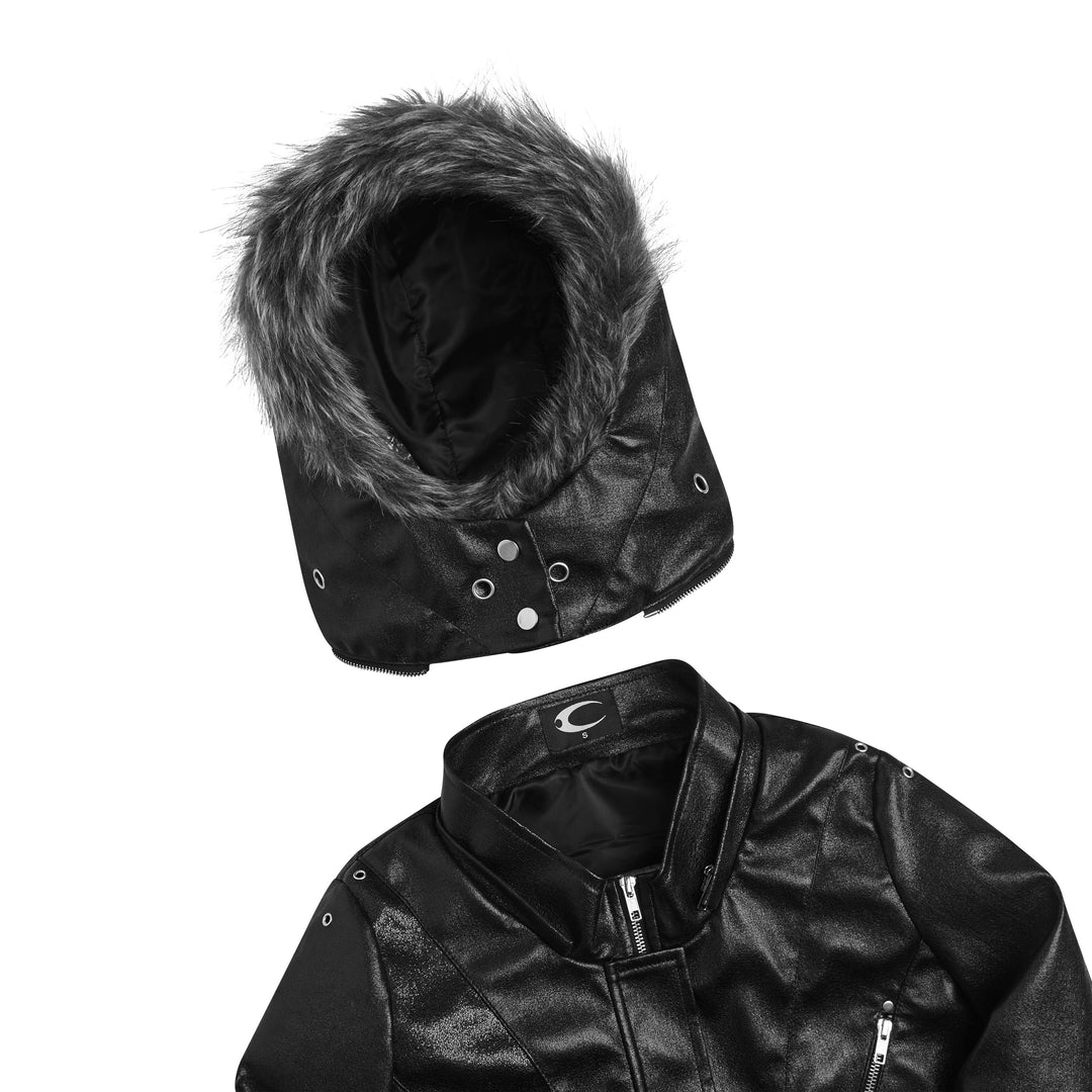 Black hooded jacket with fur-like trim, zip pockets and stud details