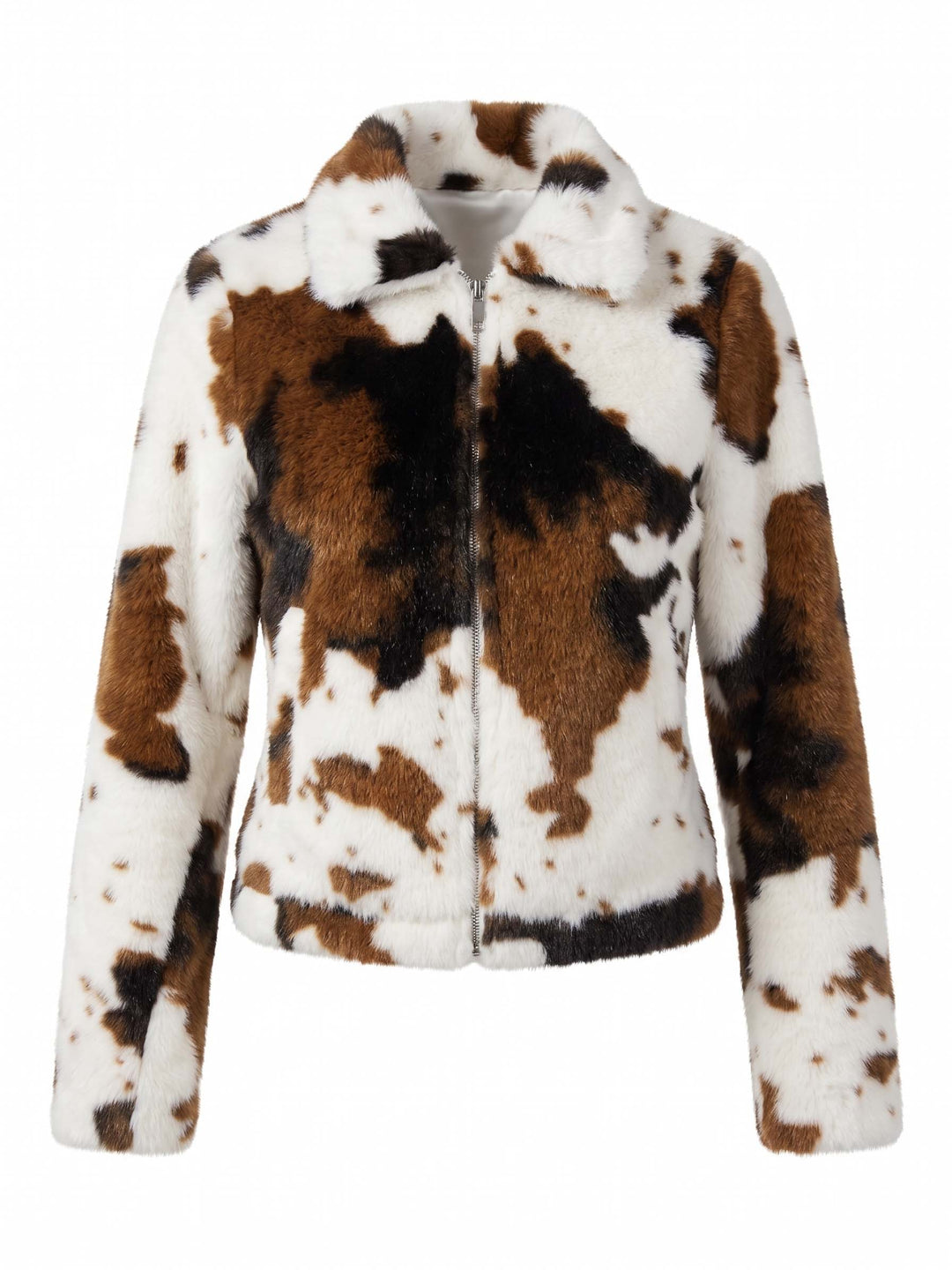 Women's multicolor animal print faux fur jacket with collar and front zipper