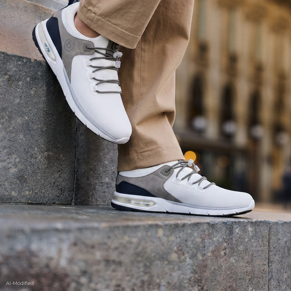 White knit sneakers with grey and navy panels