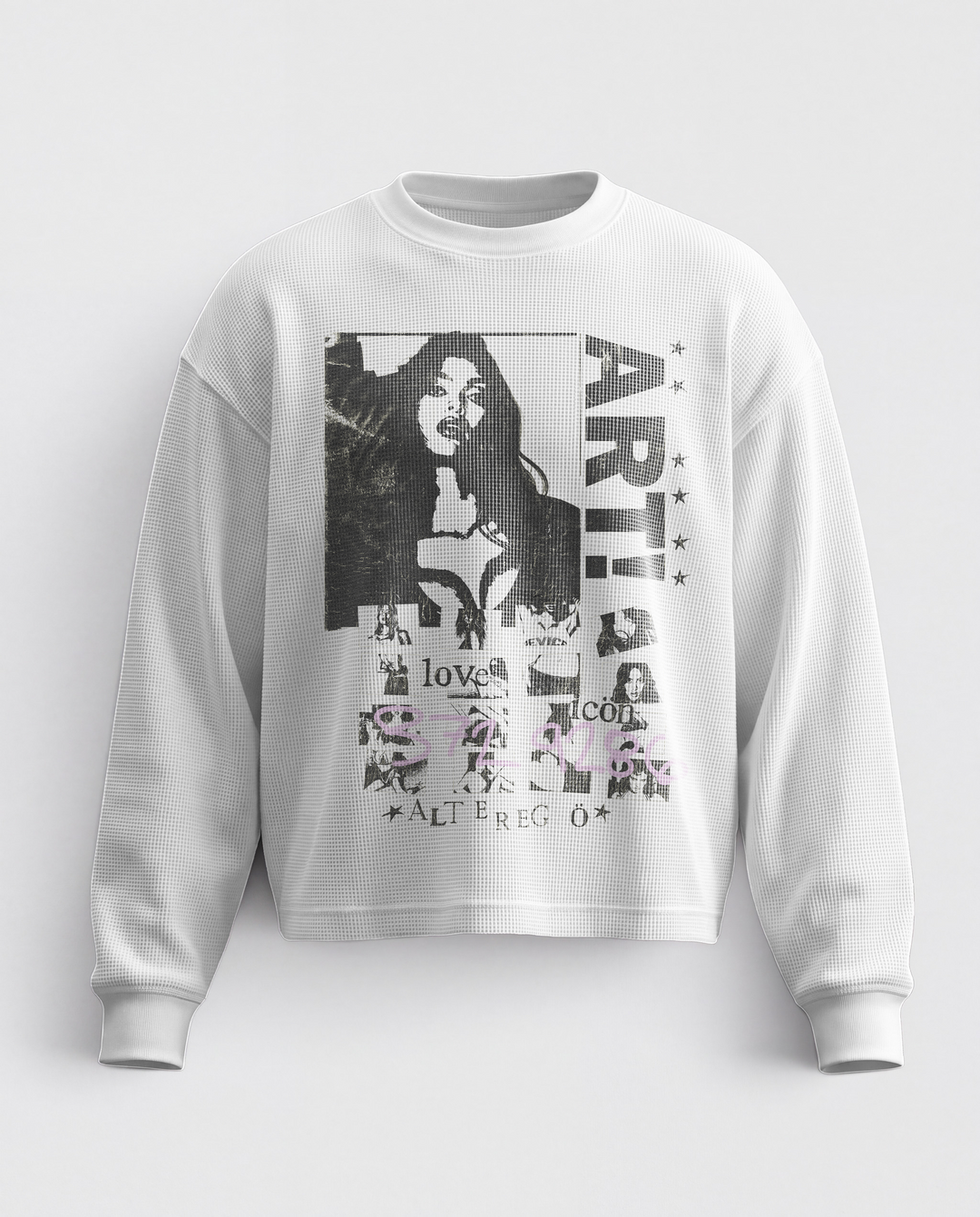 White crew neck sweatshirt with long sleeves and a large graphic portrait print