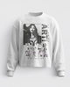 White crew neck sweatshirt with long sleeves and a large graphic portrait print
