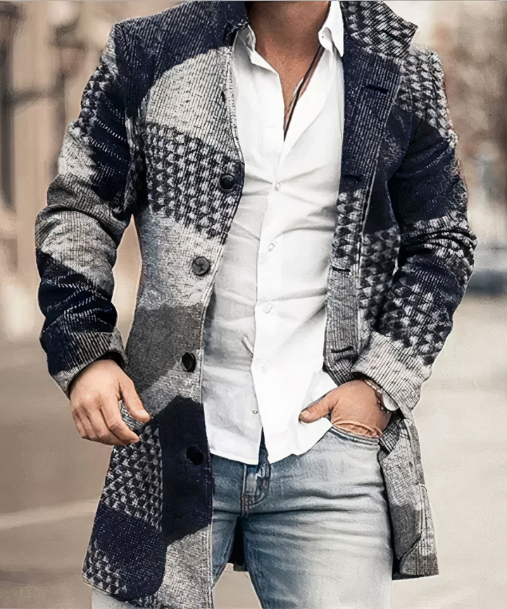 Men's long trench coat with stand collar, button front and long sleeves