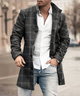 Men's long trench coat with stand collar, button front and long sleeves