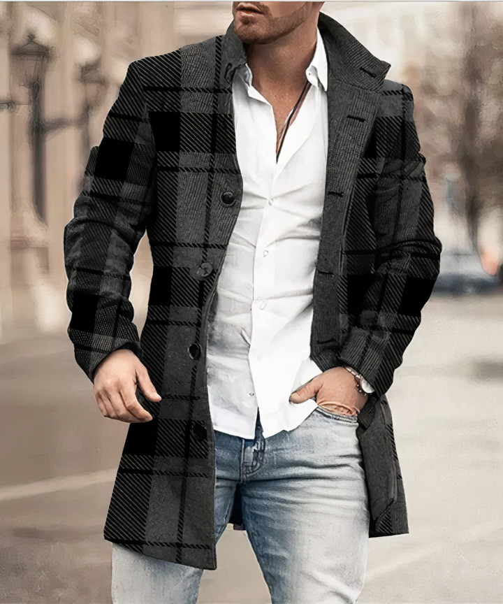 Men's long trench coat with stand collar, button front and long sleeves