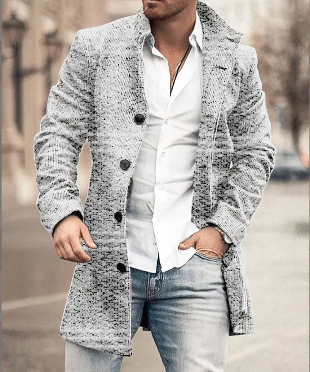 Men's long trench coat with stand collar, button front and long sleeves