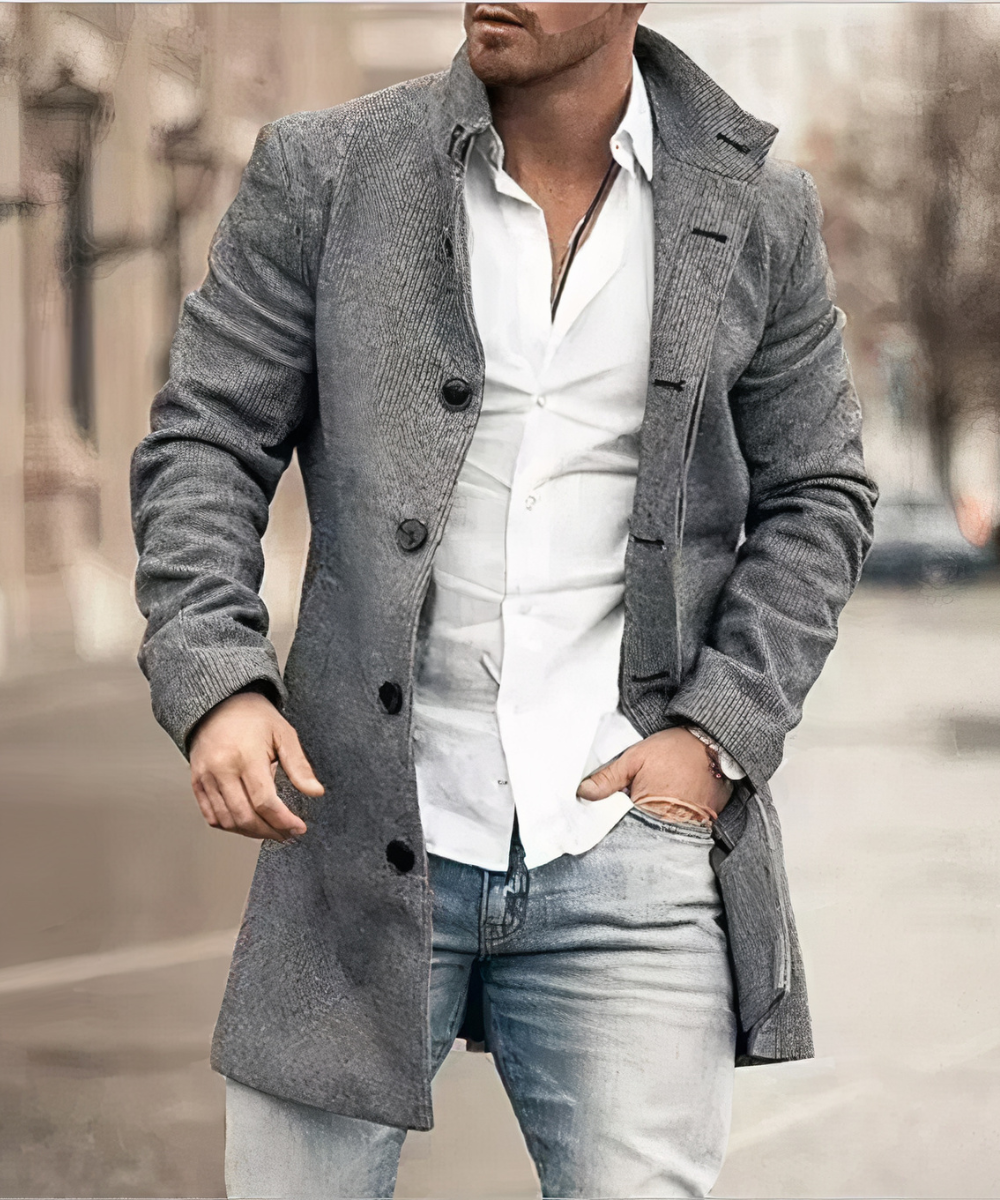 Men's long trench coat with stand collar, button front and long sleeves
