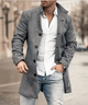 Men's long trench coat with stand collar, button front and long sleeves