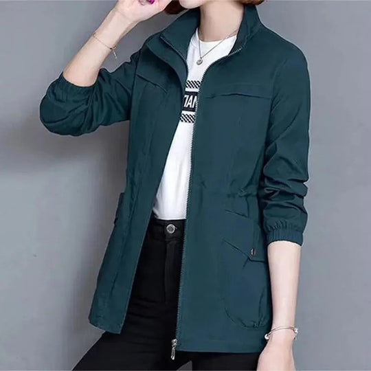 Women's lightweight trench jacket with stand collar and flap pockets