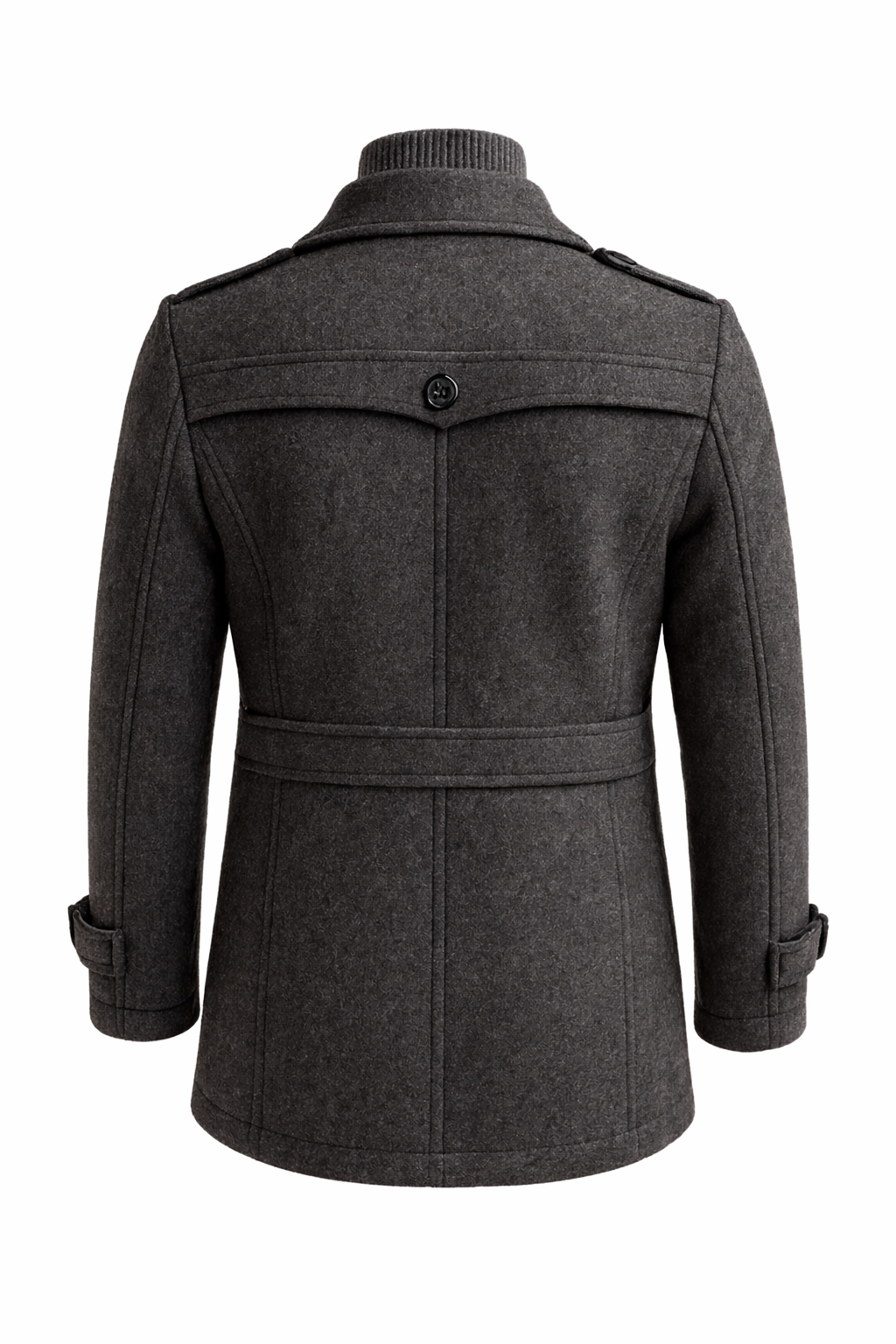 Men's long structured coat with mock neck, lapels, buttons, zipper and multiple pockets